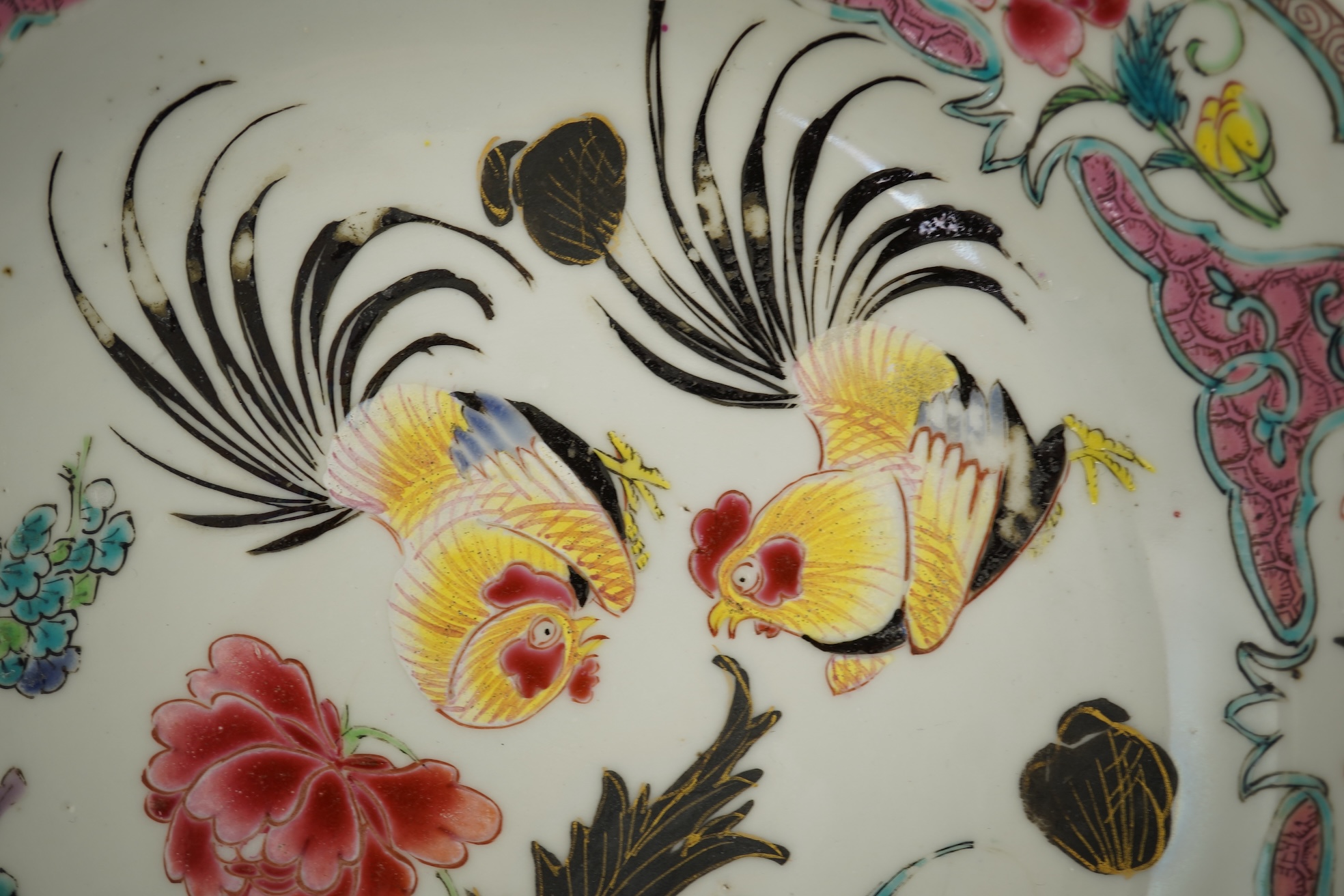 A Chinese famille rose ‘cockerel’ octagonal plate, Yongzheng period